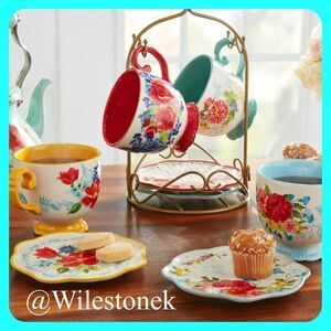 New - The Pioneer Woman Floral Medley Mug Rack w/Appetizer Plates and Mugs